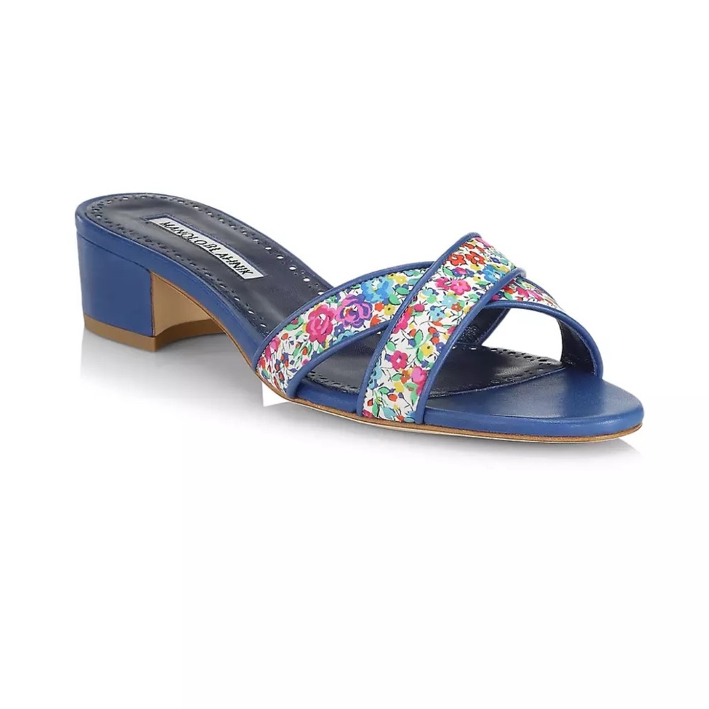 Manolo Blahnik Lasistamu Floral Leather Mules